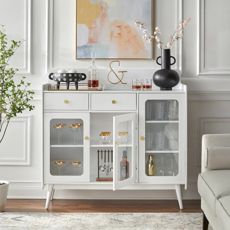 Enfilade de style Mid-Century avec portes en verre trempé, 119 cm L