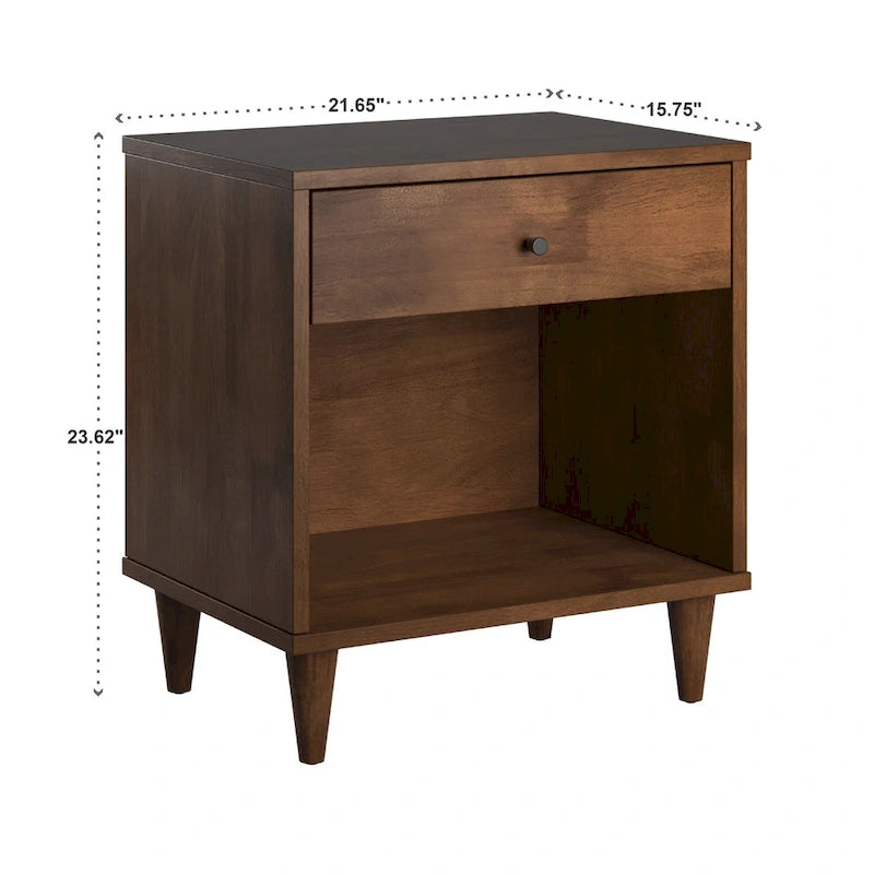 Table de chevet Frey en bois à 1 tiroir avec casier ouvert, finition marron