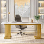 70,9 Table de bureau moderne, bureau de direction blanc avec cadre en métal doré
