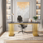 70,9 Table de bureau moderne, bureau de direction blanc avec cadre en métal doré