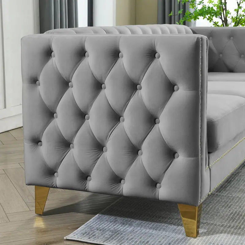 Contactez-nous pour la modélisation 3D du canapé en velours pour salon, canapé à accoudoirs carrés capitonnés à boutons, canapé moderne rembourré à boutons et moi