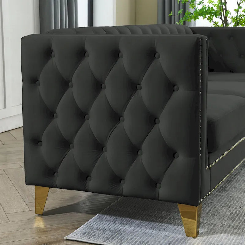 Contactez-nous pour la modélisation 3D du canapé en velours pour salon, canapé à accoudoirs carrés capitonnés à boutons, canapé moderne rembourré à boutons et moi