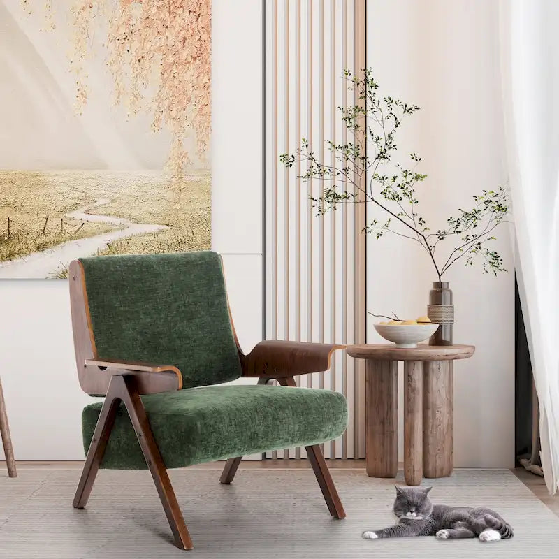 Fauteuil d'appoint pour salon, fauteuil en tissu de style Mid-Century avec pieds en chêne, fauteuil d'appoint confortable rembourré pour balcon