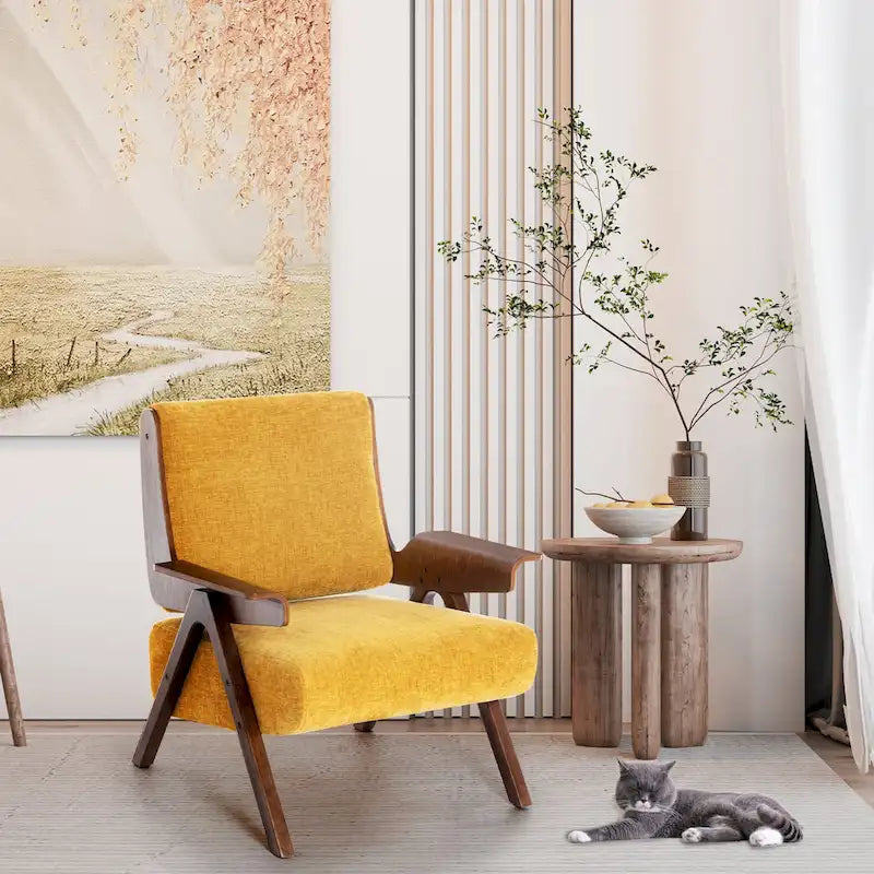 Fauteuil d'appoint pour salon, fauteuil en tissu de style Mid-Century avec pieds en chêne, fauteuil d'appoint confortable rembourré pour balcon