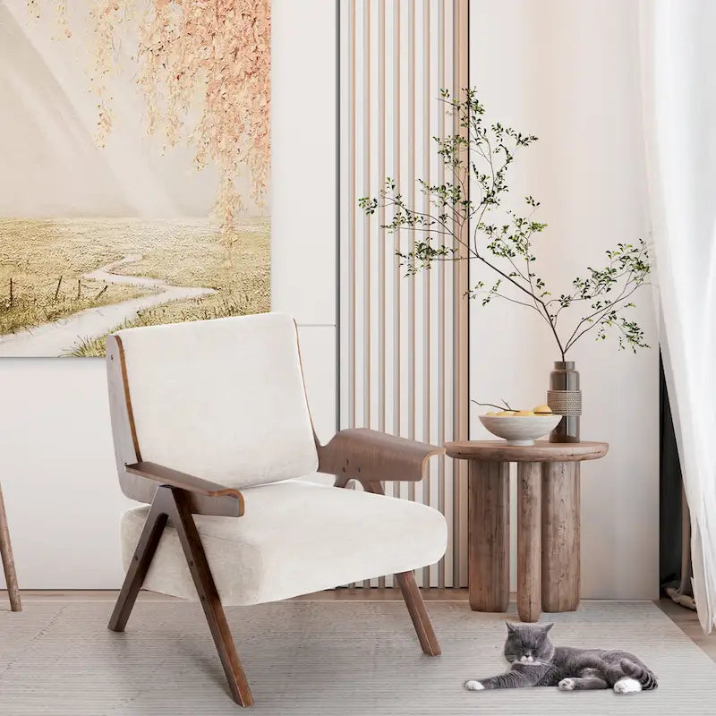 Fauteuil d'appoint pour salon, fauteuil en tissu de style Mid-Century avec pieds en chêne, fauteuil d'appoint confortable rembourré pour balcon