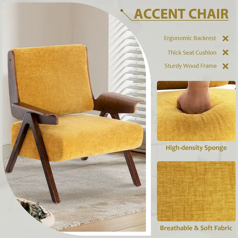 Fauteuil d'appoint pour salon, fauteuil en tissu de style Mid-Century avec pieds en chêne, fauteuil d'appoint confortable rembourré pour balcon