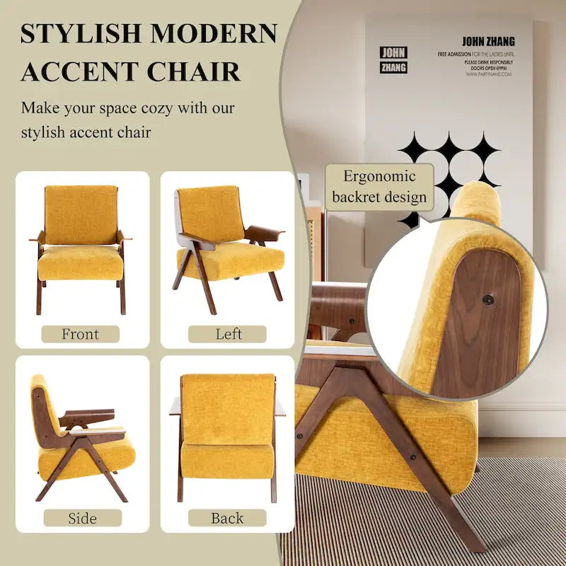 Fauteuil d'appoint pour salon, fauteuil en tissu de style Mid-Century avec pieds en chêne, fauteuil d'appoint confortable rembourré pour balcon