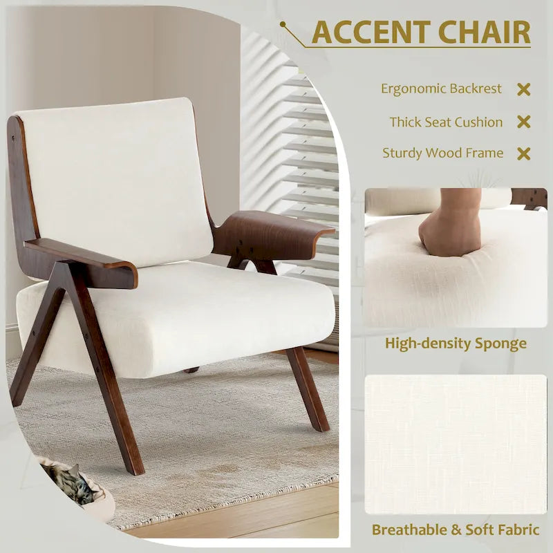 Fauteuil d'appoint pour salon, fauteuil en tissu de style Mid-Century avec pieds en chêne, fauteuil d'appoint confortable rembourré pour balcon