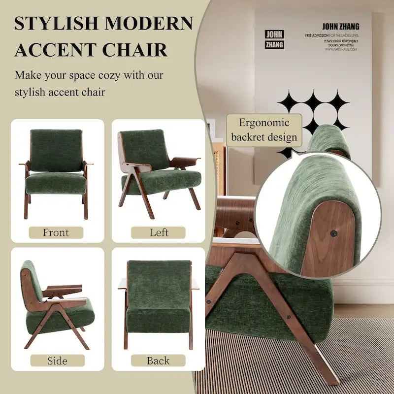 Fauteuil d'appoint pour salon, fauteuil en tissu de style Mid-Century avec pieds en chêne, fauteuil d'appoint confortable rembourré pour balcon