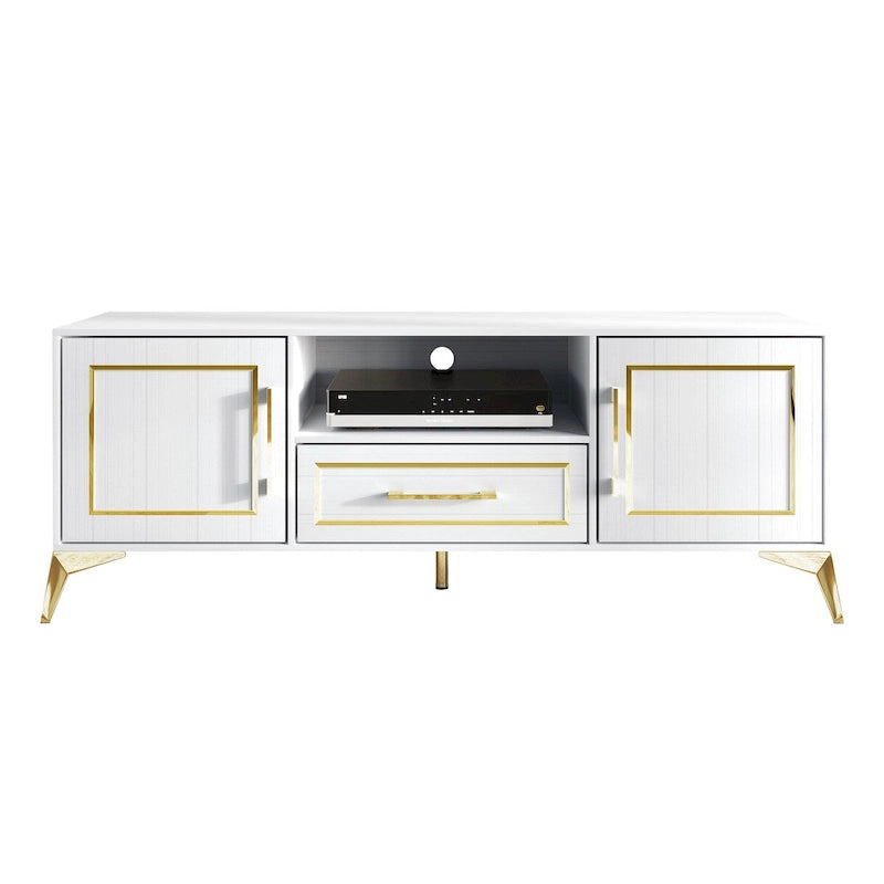 Meuble TV console contemporain blanc avec accents dorés