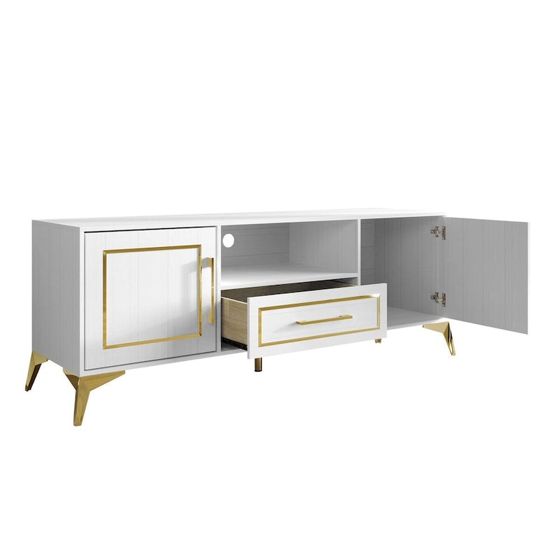 Meuble TV console contemporain blanc avec accents dorés