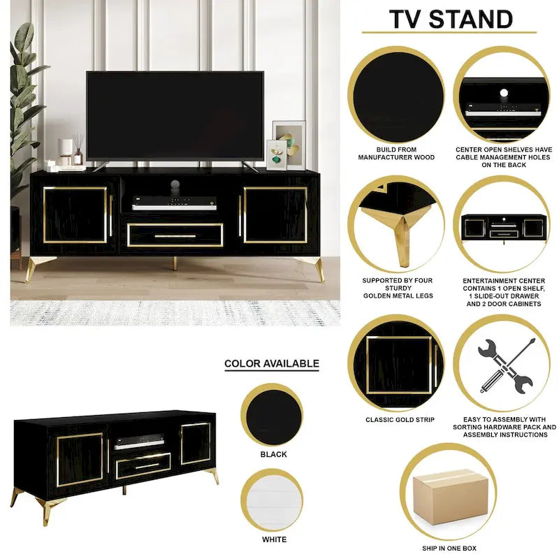 Meuble TV console contemporain blanc avec accents dorés