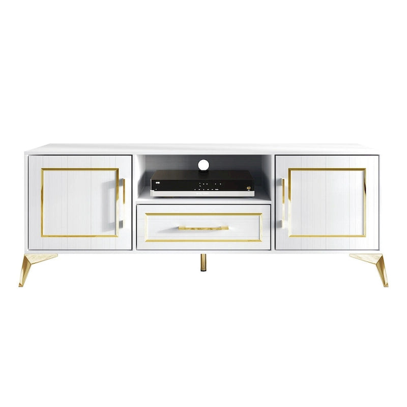 Meuble TV console contemporain blanc avec accents dorés