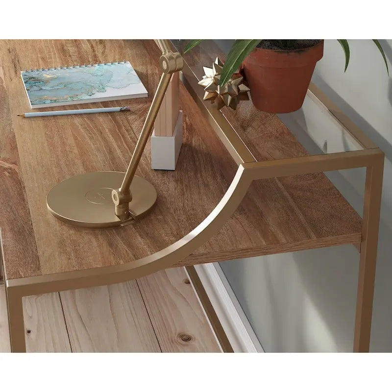 Bureau d'écriture de luxe compact avec étagère en verre, cadre doré satiné