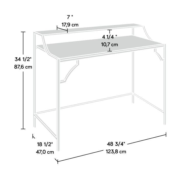 Bureau d'écriture de luxe compact avec étagère en verre, cadre doré satiné