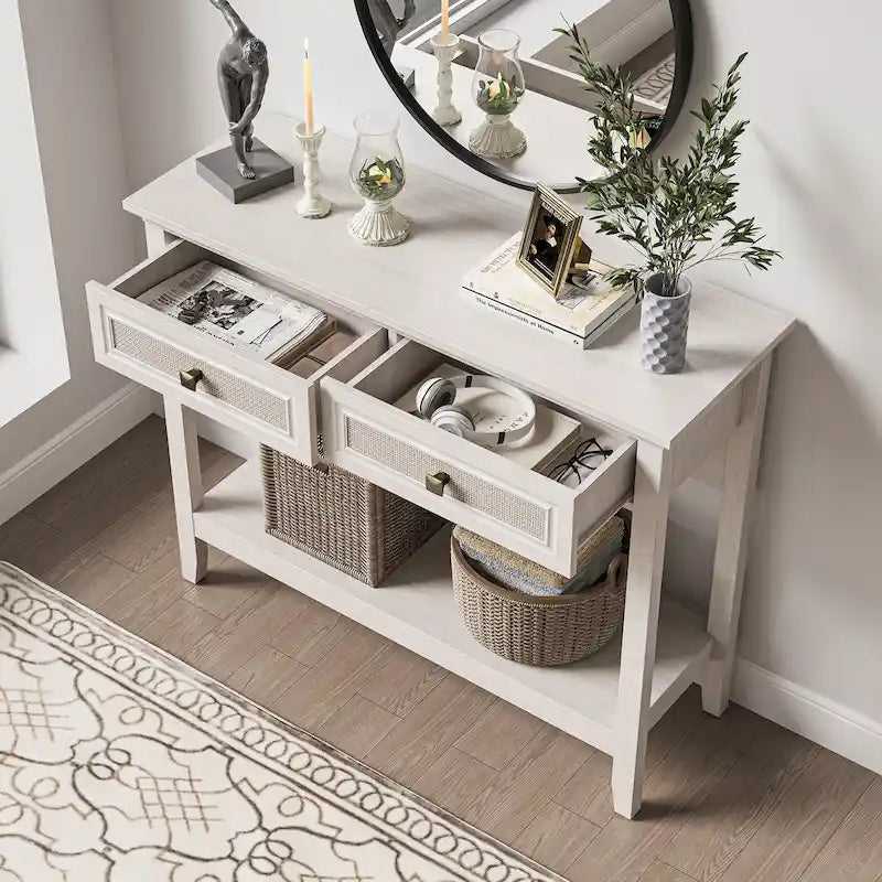 Console en rotin naturel avec plateau large et 2 tiroirs, blanc grisé
