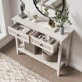 Console en rotin naturel avec plateau large et 2 tiroirs, blanc grisé