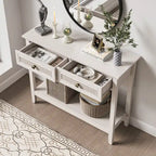 Console en rotin naturel avec plateau large et 2 tiroirs, blanc grisé