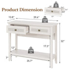 Console en rotin naturel avec plateau large et 2 tiroirs, blanc grisé