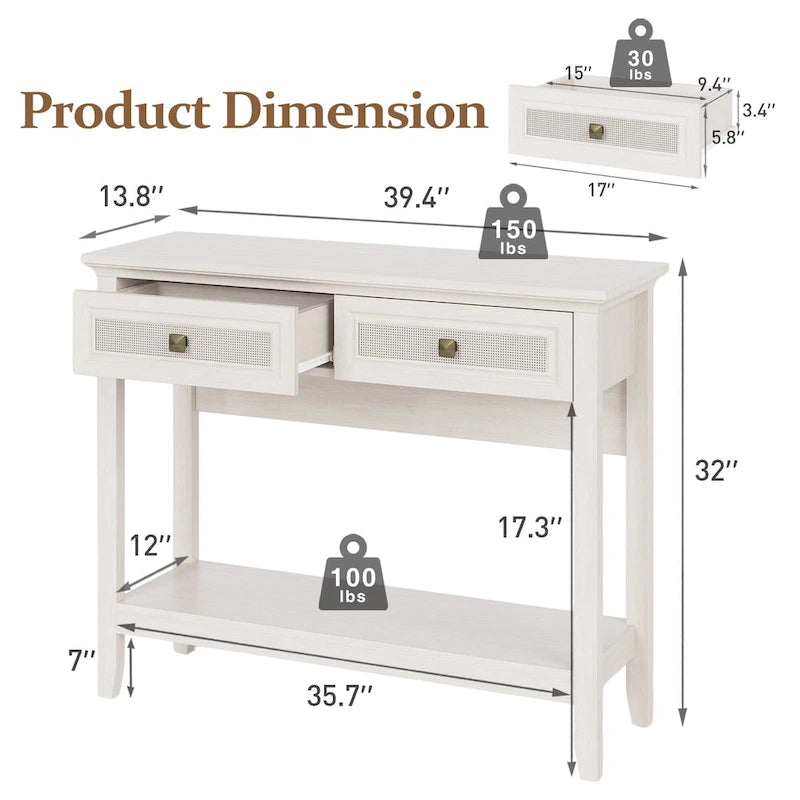 Console en rotin naturel avec plateau large et 2 tiroirs, blanc grisé