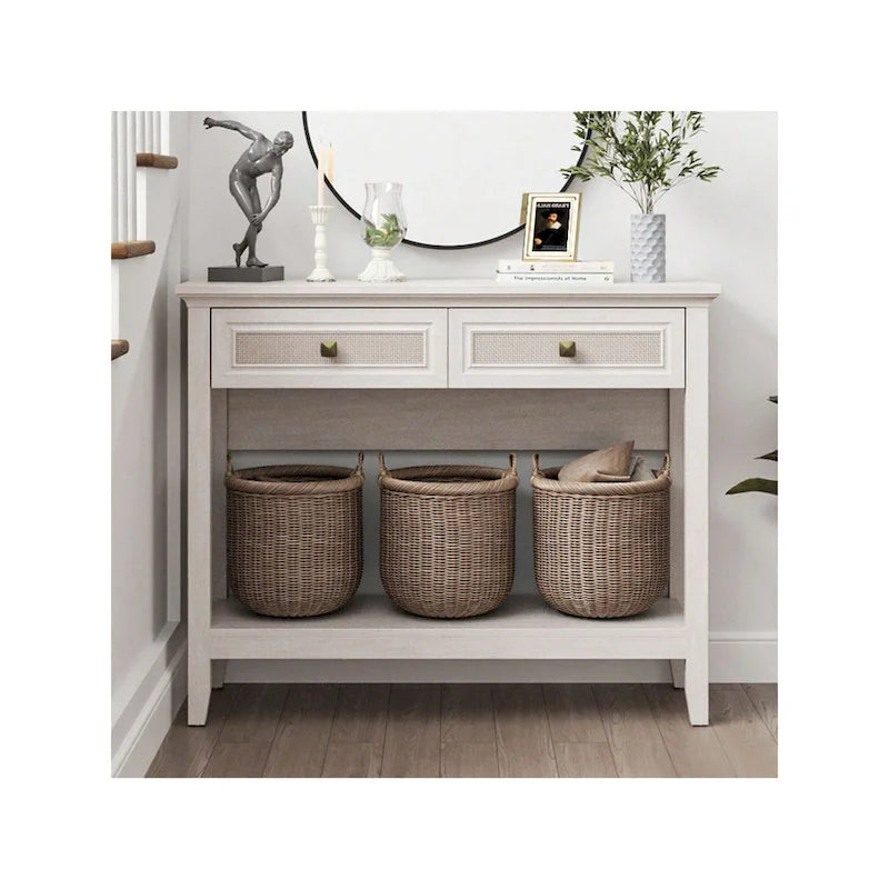 Console en rotin naturel avec plateau large et 2 tiroirs, blanc grisé