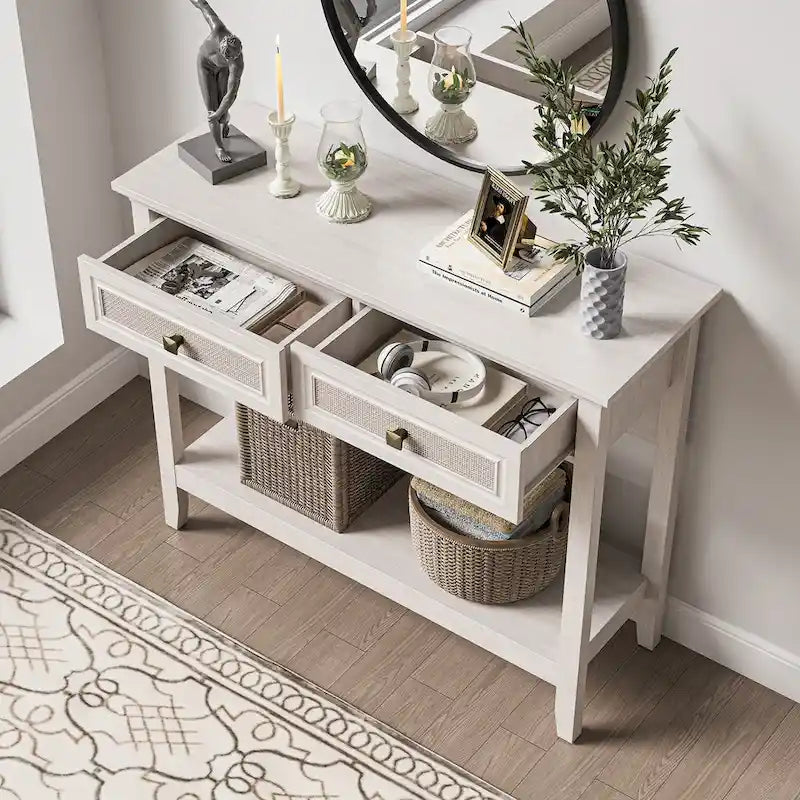Console en rotin naturel avec plateau large et 2 tiroirs, blanc grisé