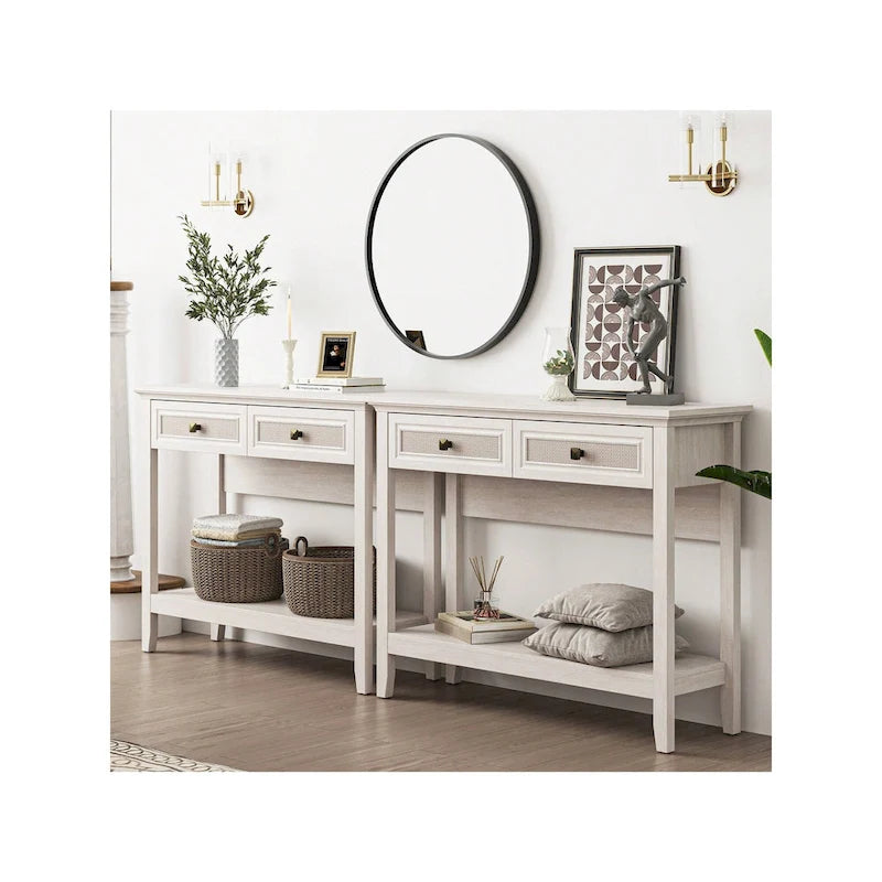 Console en rotin naturel avec plateau large et 2 tiroirs, blanc grisé