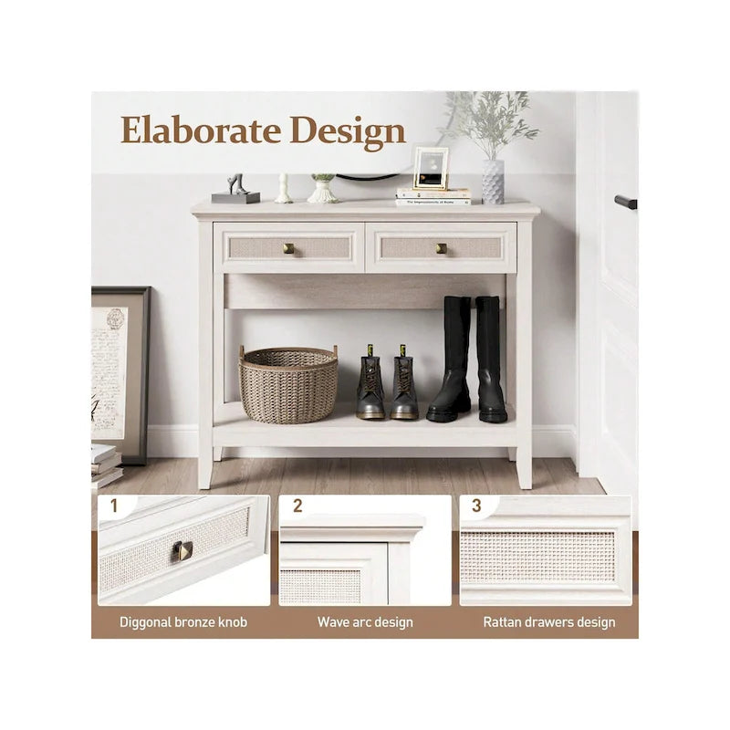 Console en rotin naturel avec plateau large et 2 tiroirs, blanc grisé