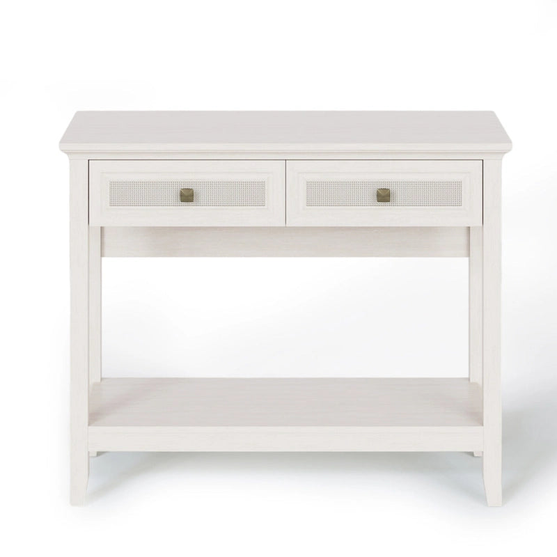 Console en rotin naturel avec plateau large et 2 tiroirs, blanc grisé