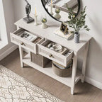 Console en rotin naturel avec plateau large et 2 tiroirs, blanc grisé