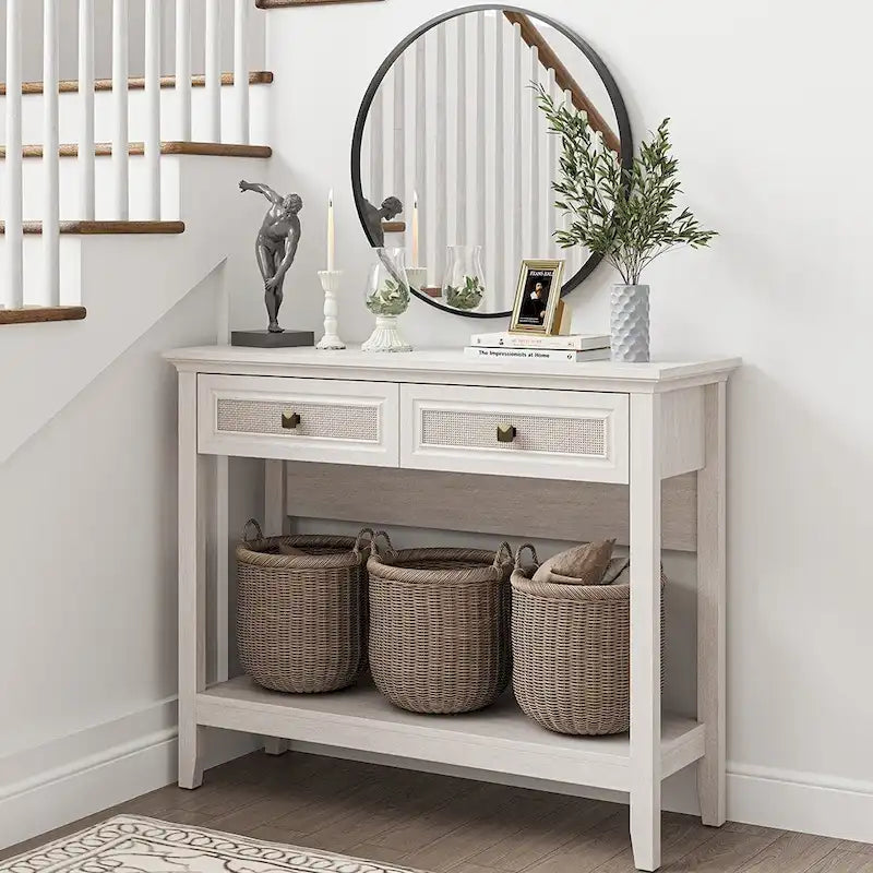 Console en rotin naturel avec plateau large et 2 tiroirs, blanc grisé