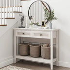 Console en rotin naturel avec plateau large et 2 tiroirs, blanc grisé