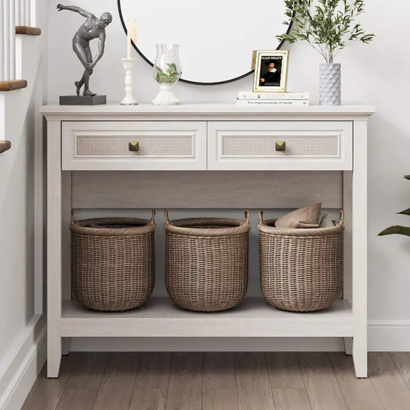 Console en rotin naturel avec plateau large et 2 tiroirs, blanc grisé