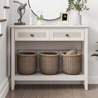 Console en rotin naturel avec plateau large et 2 tiroirs, blanc grisé