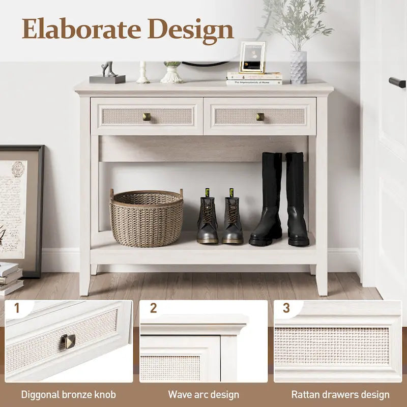 Console en rotin naturel avec plateau large et 2 tiroirs, blanc grisé