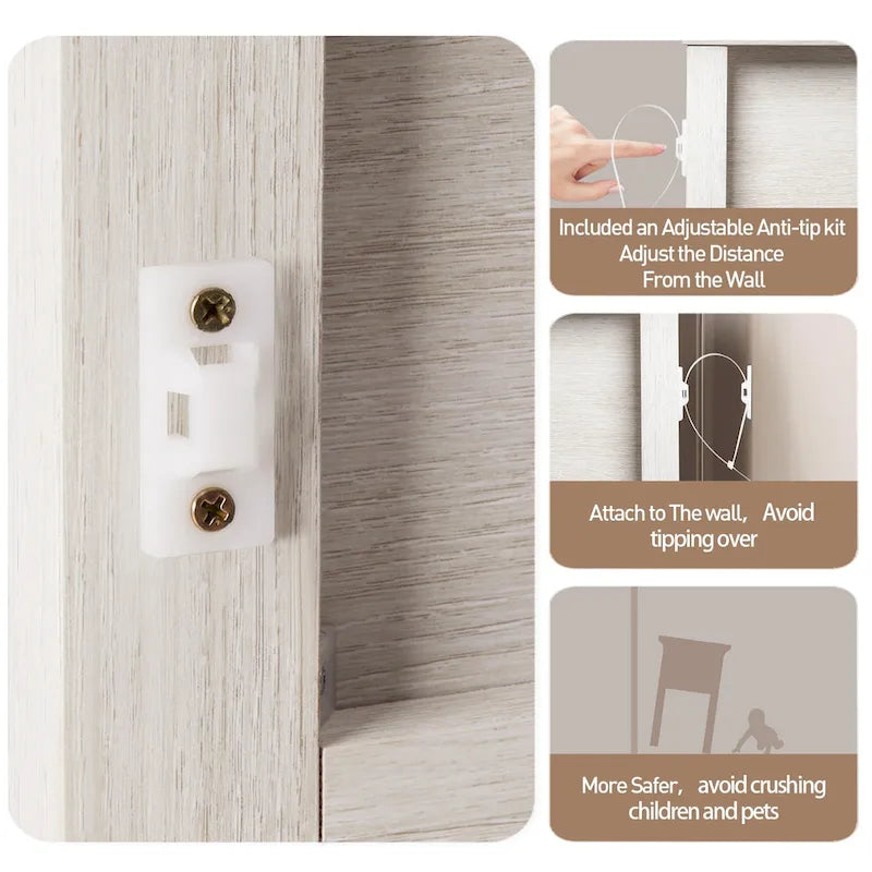 Console en rotin naturel avec plateau large et 2 tiroirs, blanc grisé