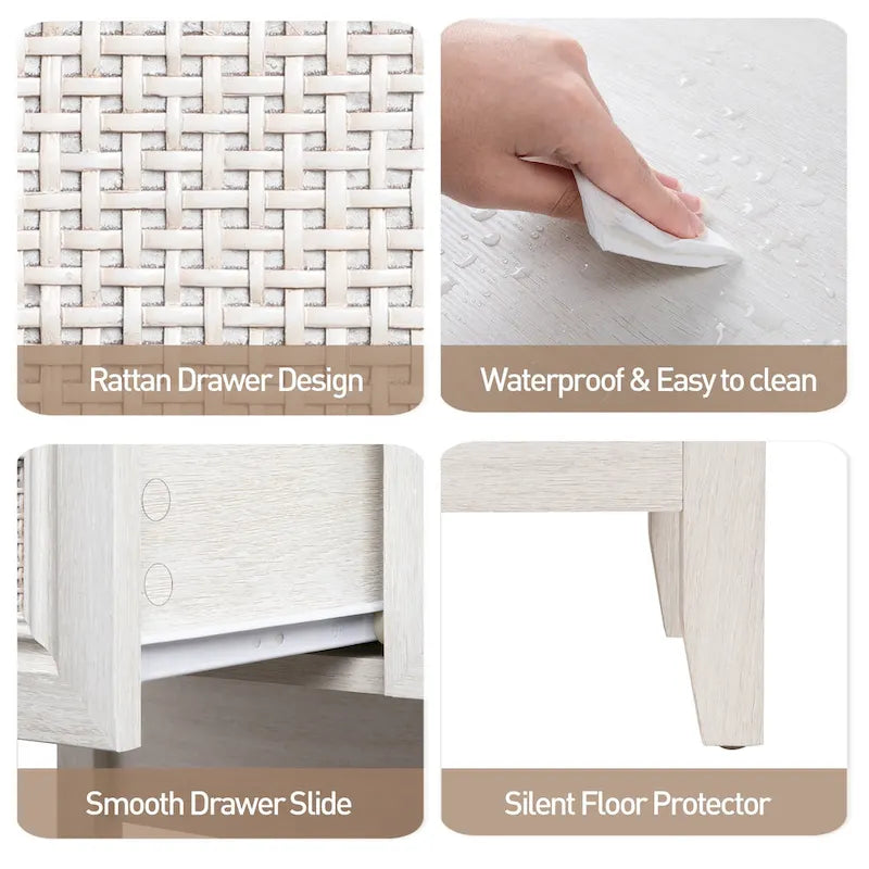 Console en rotin naturel avec plateau large et 2 tiroirs, blanc grisé