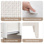 Console en rotin naturel avec plateau large et 2 tiroirs, blanc grisé