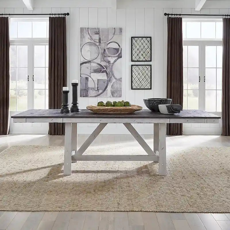 Ensemble de table à tréteaux 7 pièces bicolore blanc rustique en option