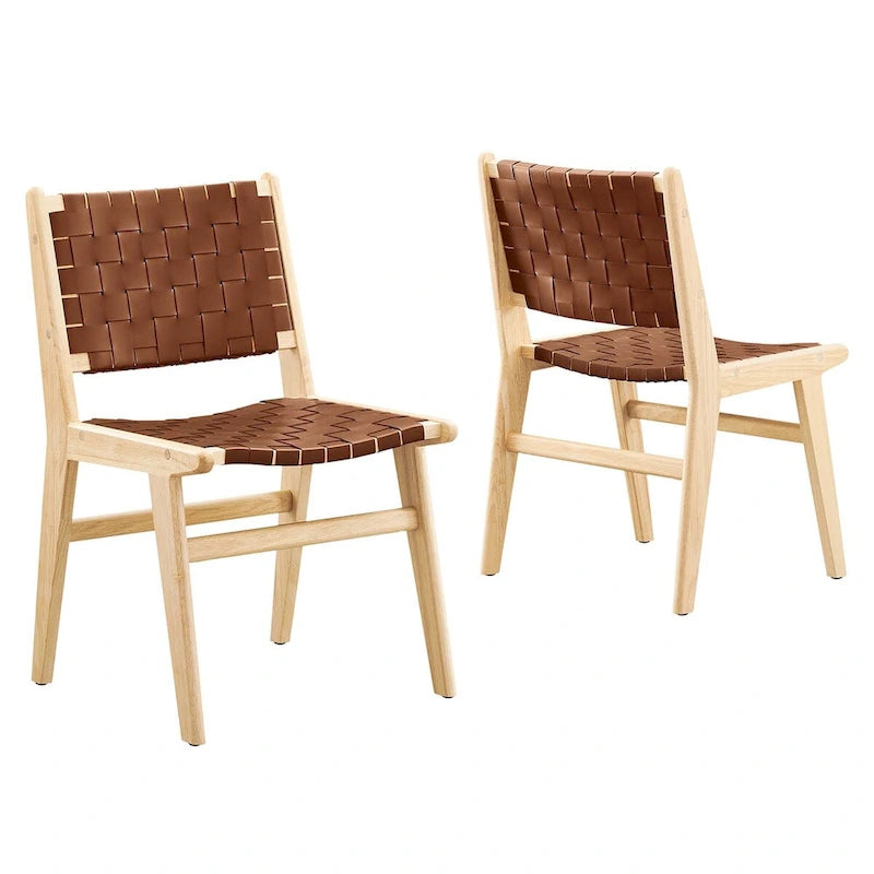 Chaises de salle à manger latérales en similicuir tressé avec cadre en bois d'hévéa, ensemble de 2
