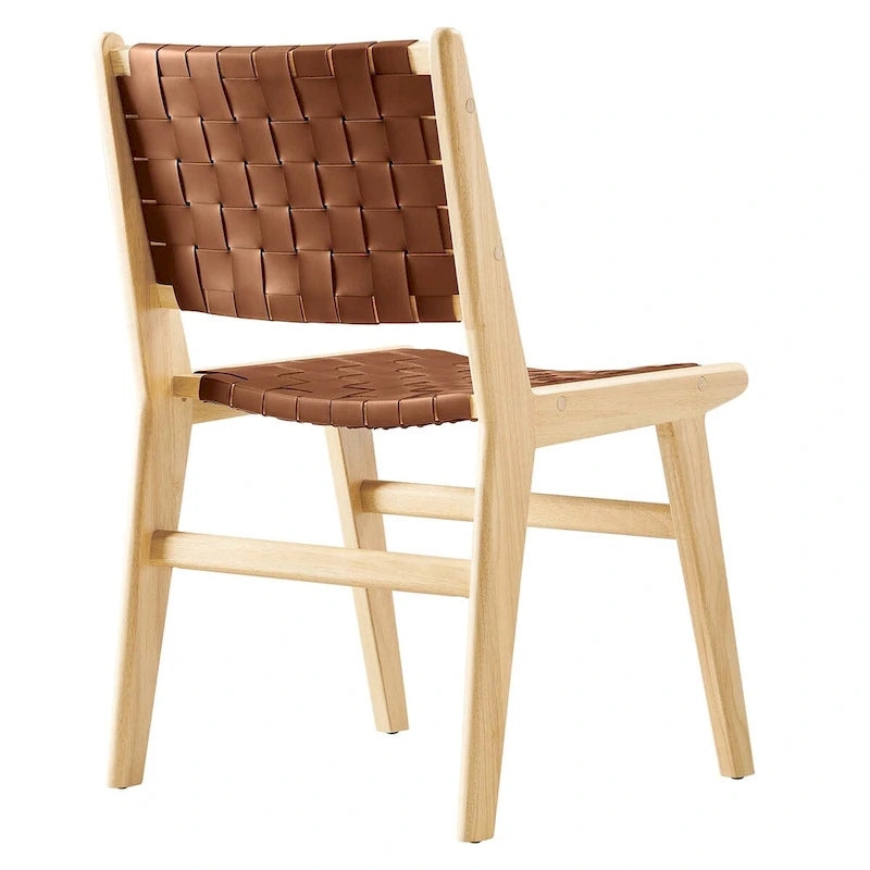 Chaises de salle à manger latérales en similicuir tressé avec cadre en bois d'hévéa, ensemble de 2