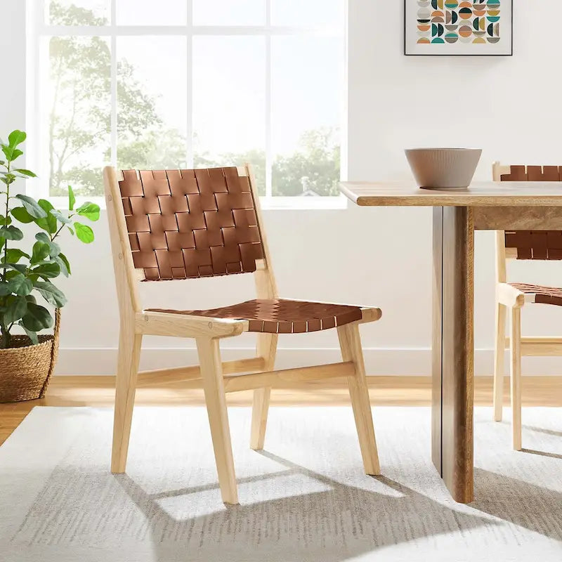 Chaises de salle à manger latérales en similicuir tressé avec cadre en bois d'hévéa, ensemble de 2