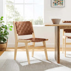 Chaises de salle à manger latérales en similicuir tressé avec cadre en bois d'hévéa, ensemble de 2
