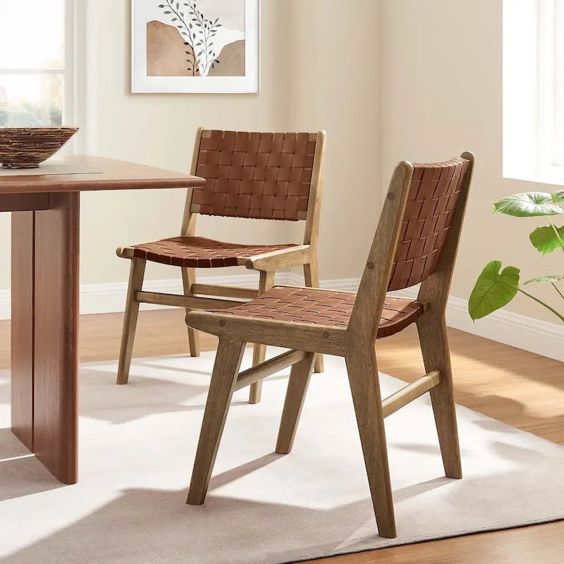 Chaises de salle à manger latérales en similicuir tressé avec cadre en bois d'hévéa, ensemble de 2