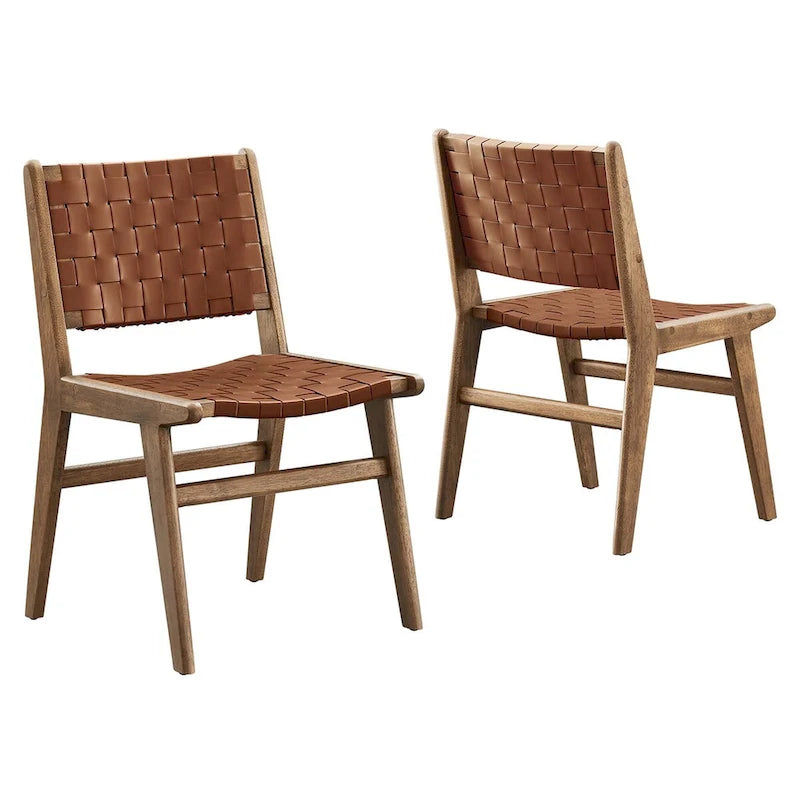 Chaises de salle à manger latérales en similicuir tressé avec cadre en bois d'hévéa, ensemble de 2