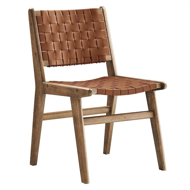 Chaises de salle à manger latérales en similicuir tressé avec cadre en bois d'hévéa, ensemble de 2