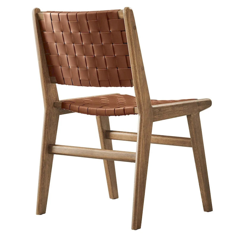 Chaises de salle à manger latérales en similicuir tressé avec cadre en bois d'hévéa, ensemble de 2