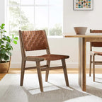 Chaises de salle à manger latérales en similicuir tressé avec cadre en bois d'hévéa, ensemble de 2