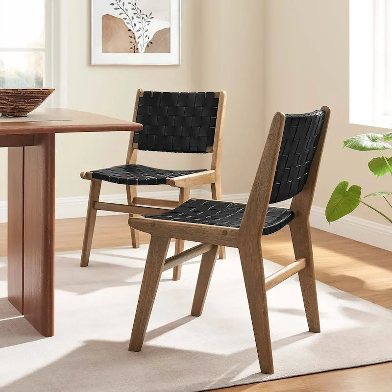 Chaises de salle à manger latérales en similicuir tressé avec cadre en bois d'hévéa, ensemble de 2