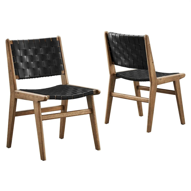 Chaises de salle à manger latérales en similicuir tressé avec cadre en bois d'hévéa, ensemble de 2